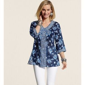 CHICO'S Marvelous Motif Maddie Top Women’s Medium  Blue Beaded Special Edition